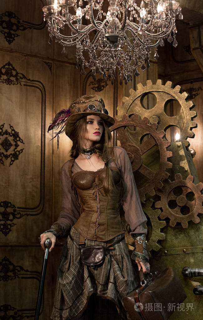 美丽的女孩在一个美丽的蒸汽朋克风格的模型
