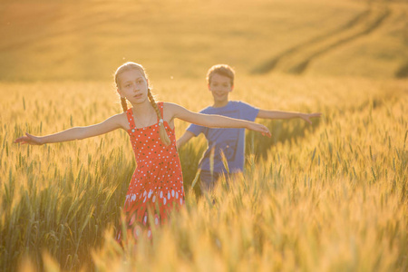 孩子们去，沿麦田，日落，自然美丽的自然景观。在灿烂阳光下的田园风光