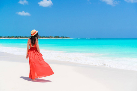年轻漂亮的女人在热带的海滩上。后视图的年轻女孩在红色连衣裙背景大海