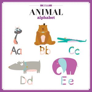 可爱又搞笑的动物园字母表。a b c d e 字母