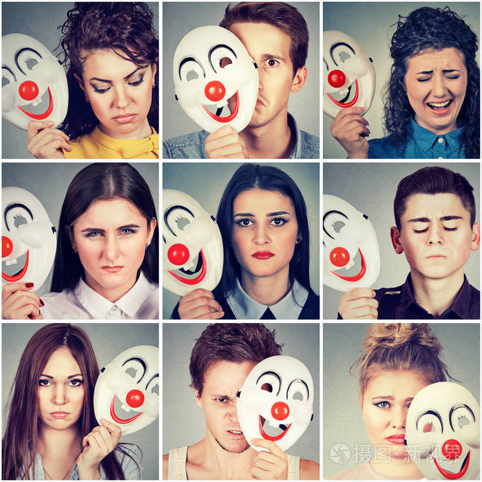 组的悲伤愤怒的人隐藏在小丑面具背后真实的情感
