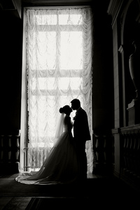 新娘和新郎在窗口的背景上的剪影