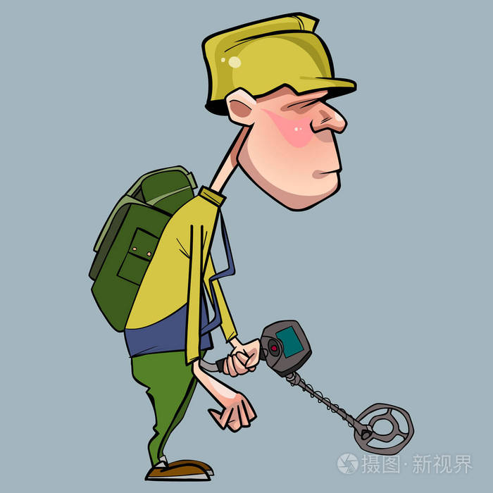 卡通人物的人走路用金属探测器