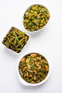 印度的绿色蔬菜咖喱咖喱的特写图片  sabzi  sabji 喜欢青豆，gowar cluster beans 和秋葵或女
