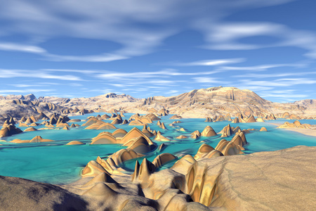 3d 渲染的幻想外星人的星球。岩石和湖