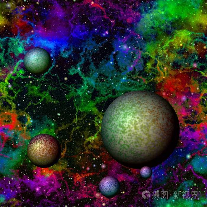 抽象多彩宇宙与行星,彩虹满天星斗的天空,多色外层空