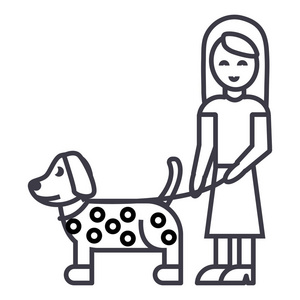 女孩与狗矢量线图标 标志 插图背景，可编辑笔触