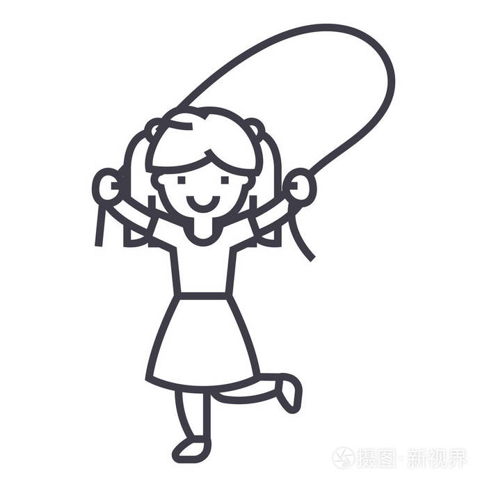 女孩与跳跃绳矢量线图标, 标志, 插图背景,可编辑笔触插画-正版商用