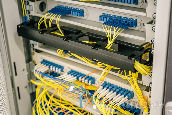网络电缆连接到交换机端口在数据中心橱柜 web 或移动服务器硬件设备