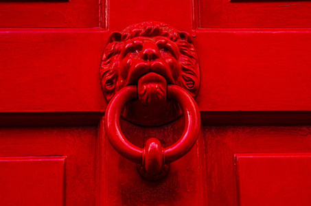 门与黄铜门环形状的狮子的头，美丽