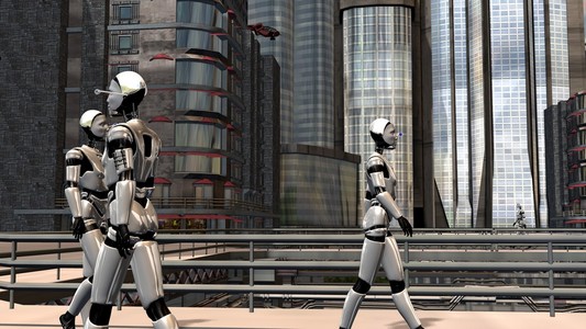 人类机器人在未来的城市照片