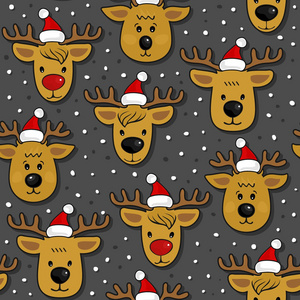 驯鹿在圣诞老人帽子凌乱圣诞冬季假期无缝格局在深色背景上