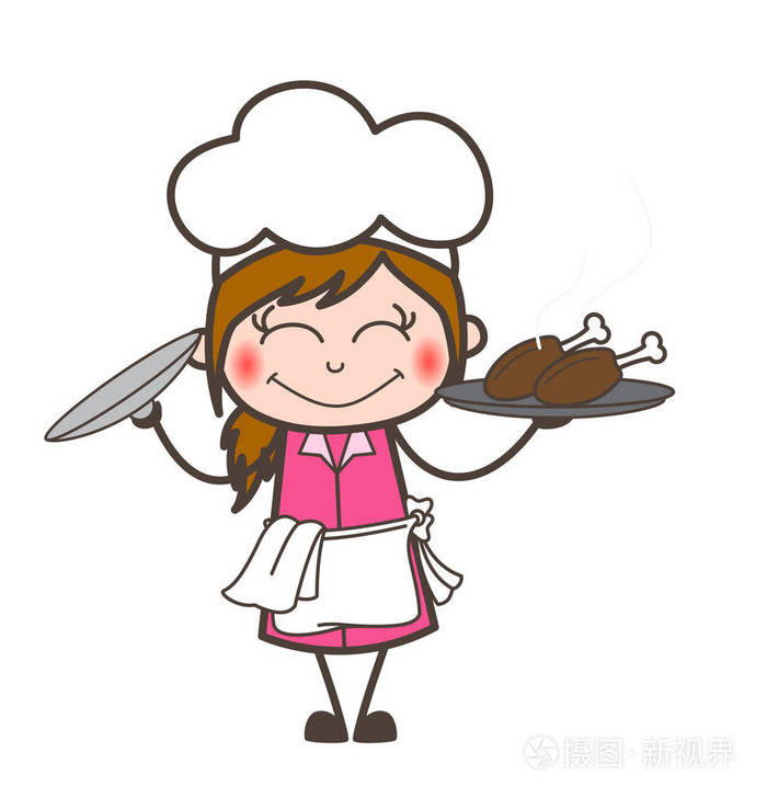 卡通脸红服务员提出鸡食品矢量