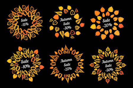 橙色的圆环框架叶上孤立的黑色背景。生态秋季购物销售。自然集。店铺设计