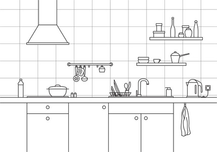 厨房台面与水槽, 厨房油烟机和板的线条样式照片