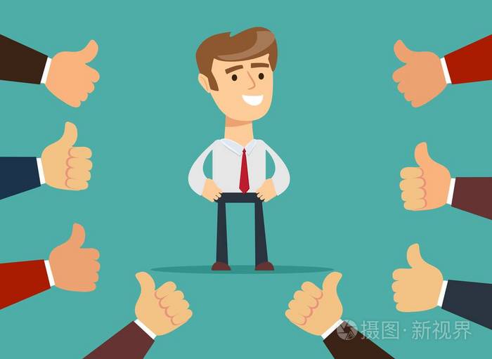 幸福自豪的男人用手在他周围的许多大拇指