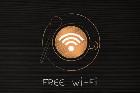从上面有免费的 wifi 标志的咖啡杯