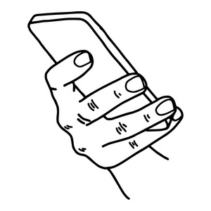使用移动电话，从手背矢量图草图手绘与孤立的白色背景上的黑色线条的右手