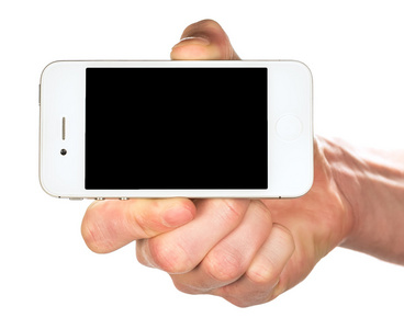 手拿着一个白色的智能手机与黑色的屏幕上 wh 孤立