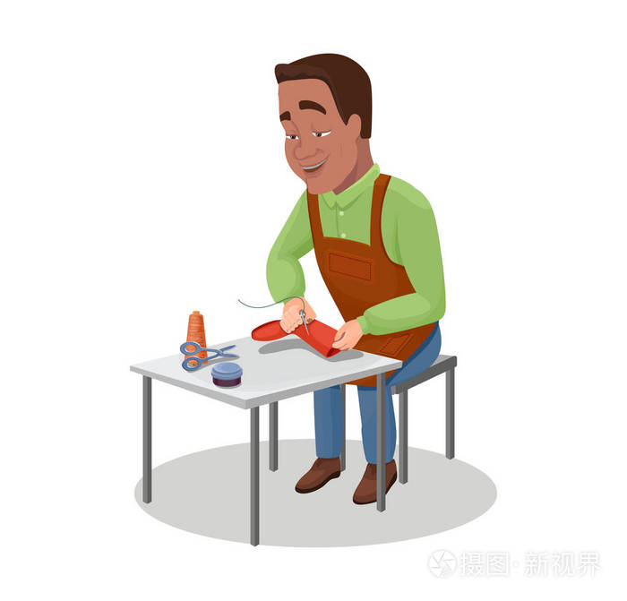 鞋匠卡通人物黑色头发的印度工人缝制鞋用针和线程矢量图插画-正版