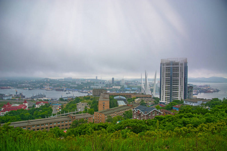 港口城市景观从高地，高湾支撑桥，浓雾。滨海城