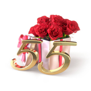 生日概念与红色玫瑰在白色背景上孤立的礼物。第五十五次。55.3d 渲染