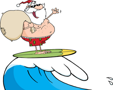 圣诞老人骑在冲浪板上