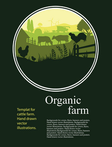 矢量图的一个农场和牛 鸡和树木的轮廓。农业模板