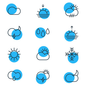 矢量图的 12 天空图标。可编辑包日出 雨 风暴和其他元素