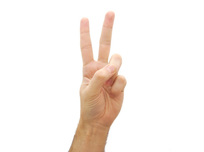 男人的手显示两个手指。第二个手势孤立在白色背景上