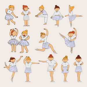 小可爱芭蕾舞女孩绘制蜡笔颜色与各种舞步和情绪照片