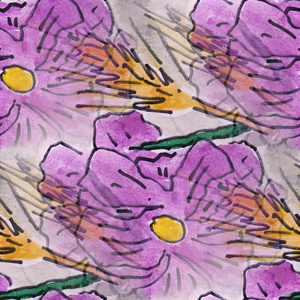 墨水紫色花朵水彩画无缝背景