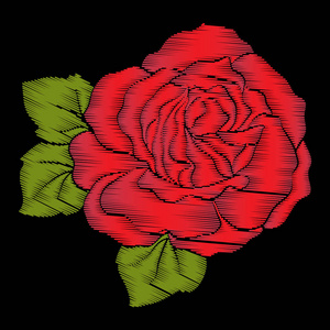 刺绣红玫瑰绿叶在黑色背景上。股票