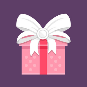 白色蝴蝶结的粉色礼盒。节日礼物，内包装，现有的观念。现代平面设计矢量图标