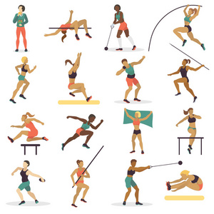 跳高运动员体育女子田径字符轮廓做不同轨道矢量图