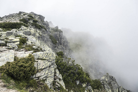 在阴天有雨云的山地景观。塔特拉山