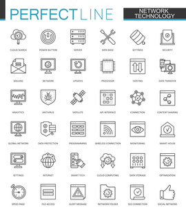网络技术的细线 web 图标集。大数据大纲中风图标设计