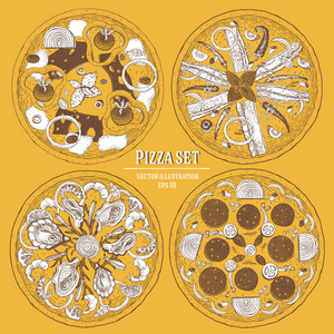 意大利比萨手绘矢量插图集。可用于比萨店，咖啡馆