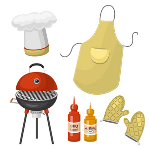 烧烤家庭或餐厅 rarty 吃饭产品烧烤烧烤厨房设备矢量平面插画