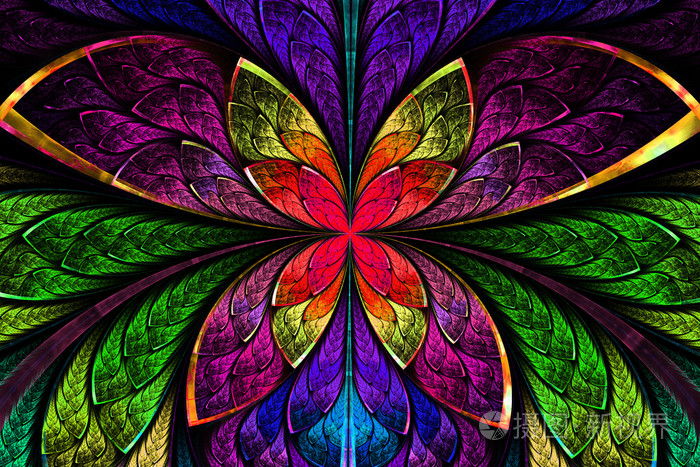 多彩多姿的对称分形图案作为花或蝴蝶