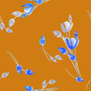 无缝模式的水彩郁金香与深橙色背景上的蓝色和灰色花