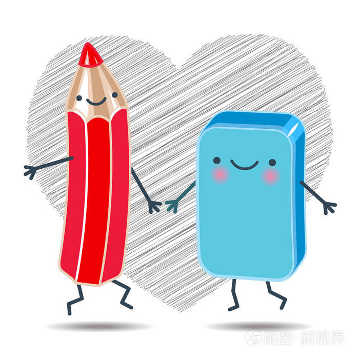 性格开朗的铅笔和橡皮擦牵手跳舞插画-正版商用图片0v98xf-摄图新视界