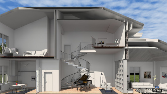 建筑内部和外部，与家具的 3d 建模