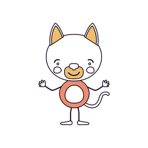 轮廓颜色部分漫画的可爱猫咪幸福表达与举起手来