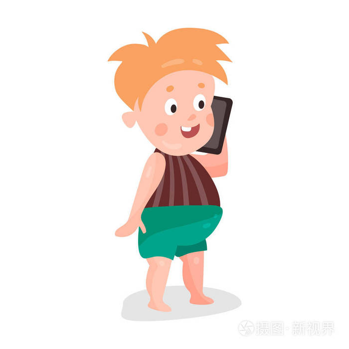 可爱的卡通红发小孩男孩玩智能手机的丰富多彩的人物矢量图