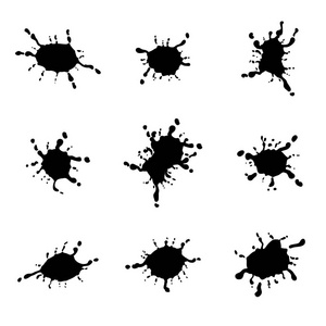 白色背景上的黑色溅墨水的集。矢量图