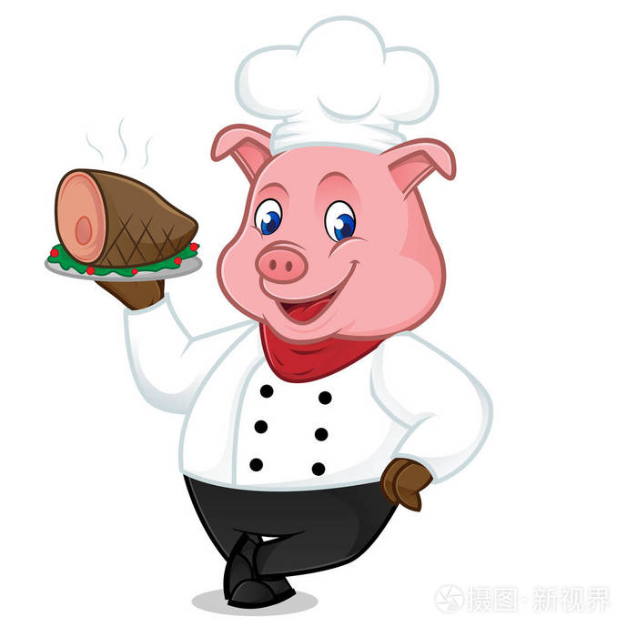 供应猪肉上托盘和倾斜的厨师猪卡通吉祥物