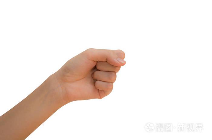 手,右手握起拳头的孤立的白色背景上的女人