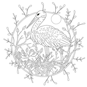 程式化的叶丛的鹈鹕鸟。手绘草图抗应力着色的成人书页