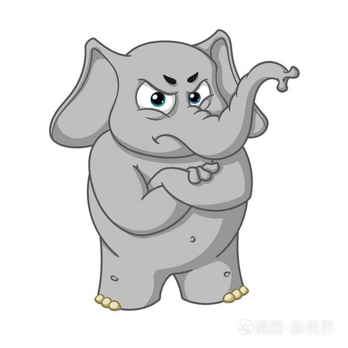 大集合矢量卡通人物的大象在孤立的背景上.愤怒,双臂交叉